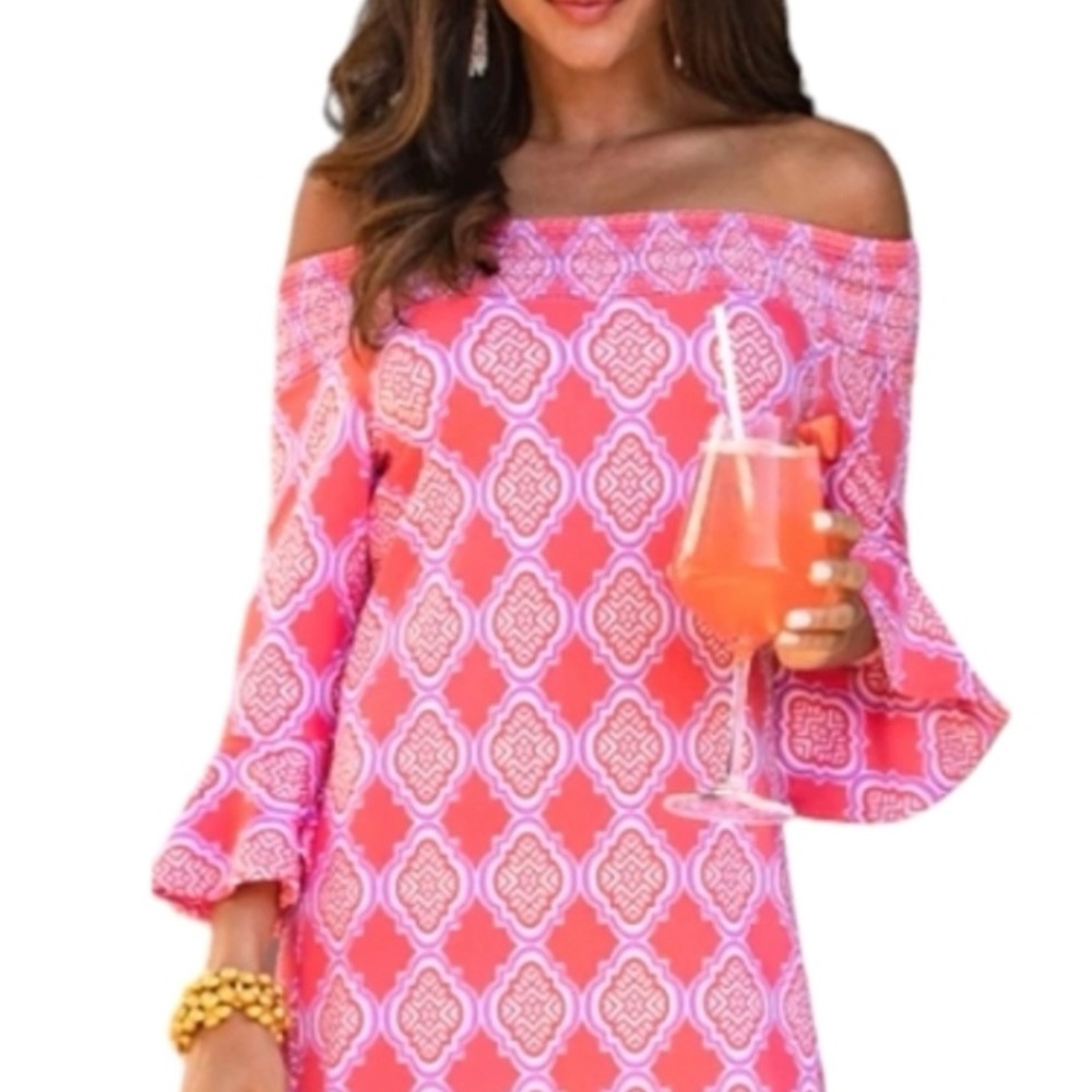 NWT Cabana Life Coral Geo Off The Shoulder Dress size L